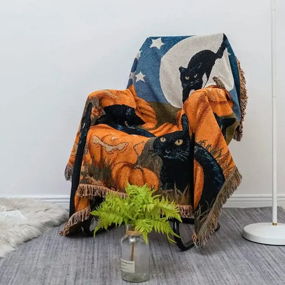 Halloween pumpkin and cat tassel throw blanket bedroom decor
