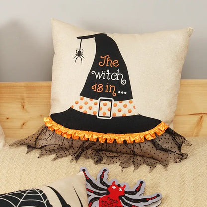 Halloween wizard hat spider embroidered pillow cover living room decor