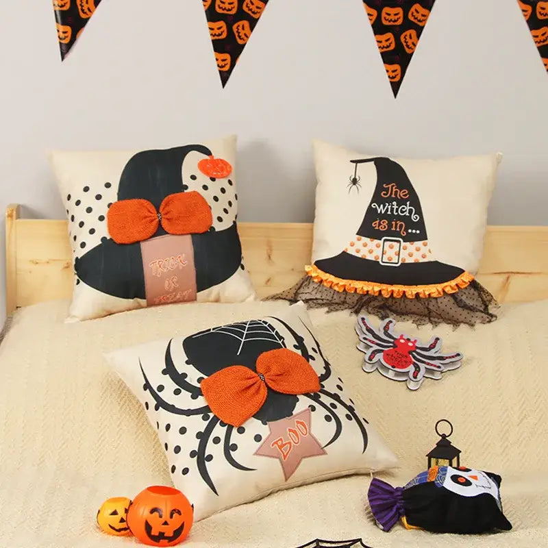 Halloween wizard hat spider embroidered pillow cover living room decor