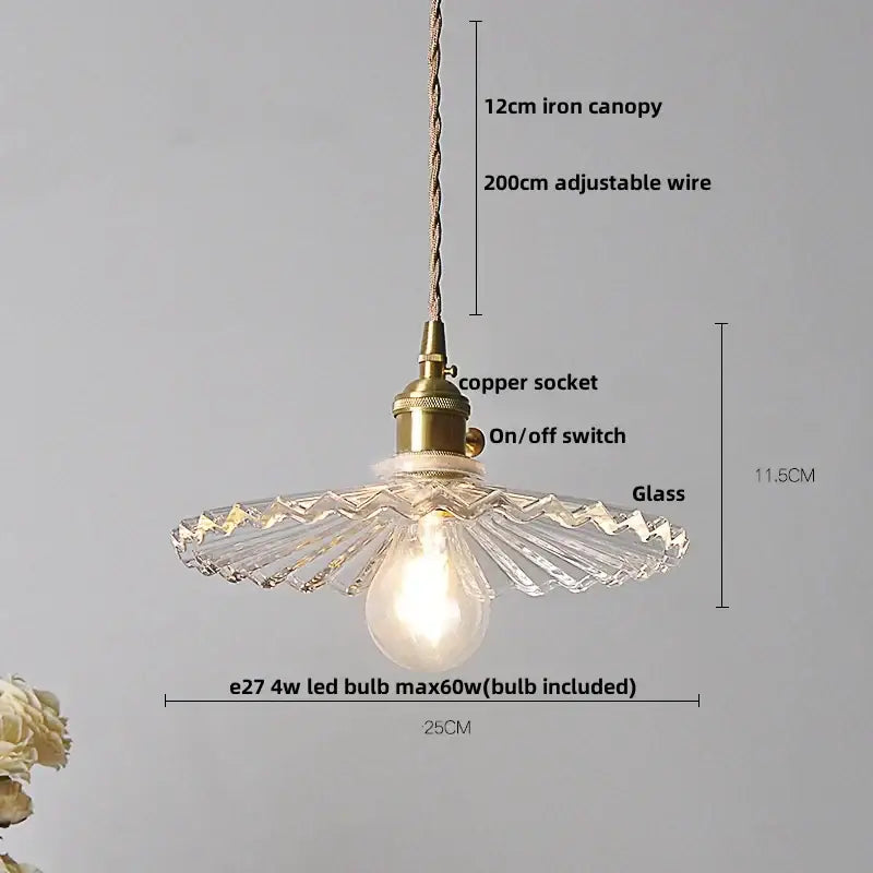 Hammered amber glass led pendant light kitchen copper hanging lamp