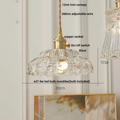 Hammered amber glass led pendant light kitchen copper hanging lamp