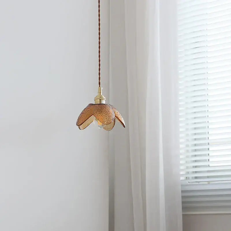 Hammered amber glass led pendant light kitchen copper hanging lamp