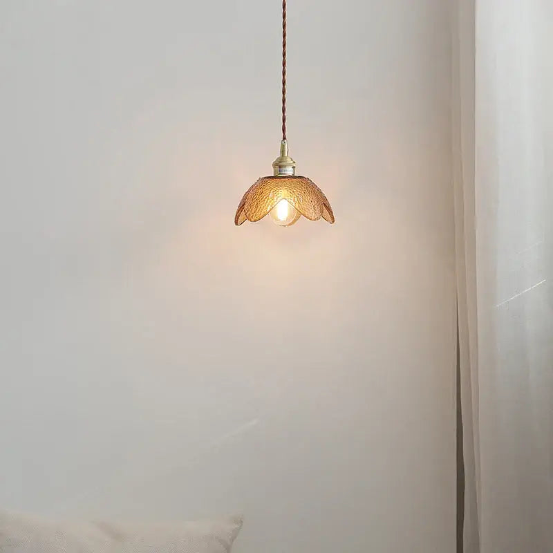 Hammered amber glass led pendant light kitchen copper hanging lamp