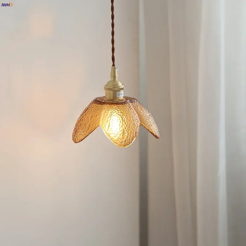 Hammered amber glass led pendant light kitchen copper hanging lamp