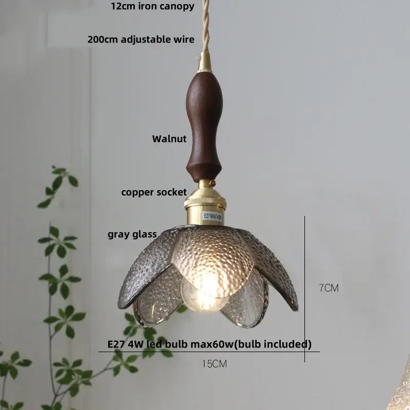 Hammered amber glass led pendant light kitchen copper hanging lamp