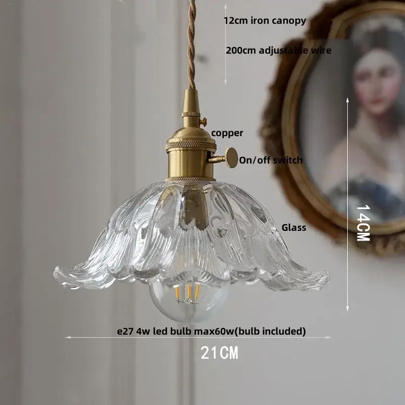 Hammered amber glass led pendant light kitchen copper hanging lamp
