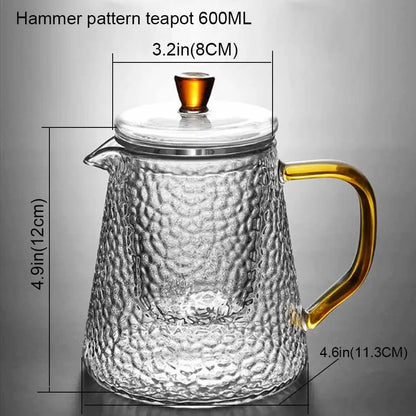 Hammered clear and amber borosilicate glass teapot kitchen tea set