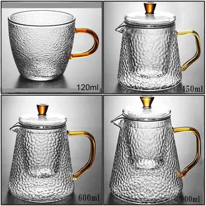 Hammered clear and amber borosilicate glass teapot kitchen tea set