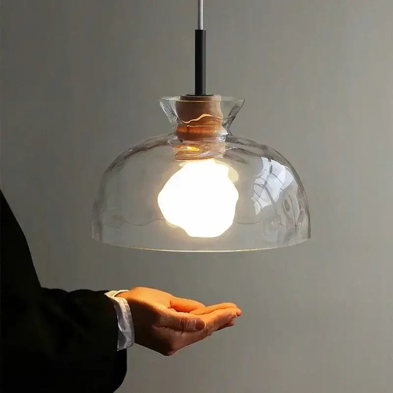 Hammered clear glass pendant light kitchen cork accents