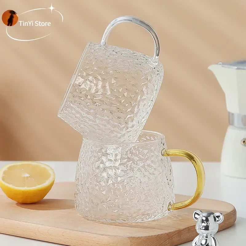 Hammered clear glass water cup with gold handle kitchen mug