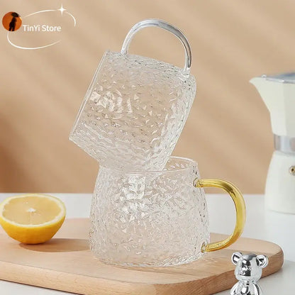 Hammered clear glass water cup with gold handle kitchen mug