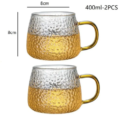 Hammered clear glass water cup with gold handle kitchen mug
