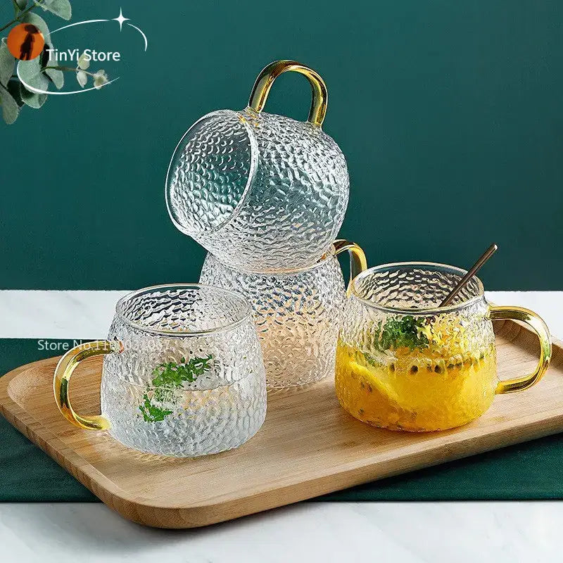 Hammered clear glass water cup with gold handle kitchen mug