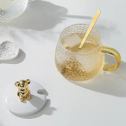 Hammered clear glass water cup with gold handle kitchen mug