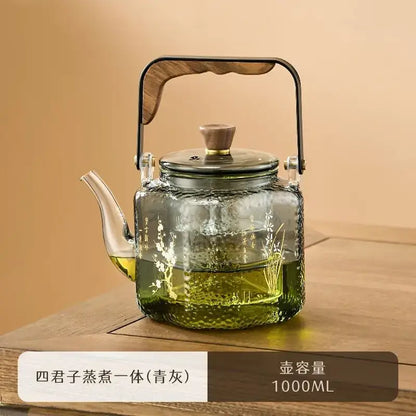 Hammered floral glass teapot – kitchen brewing pot with bronze handle