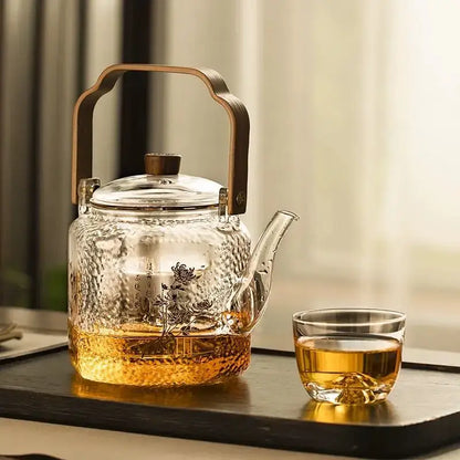 Hammered floral glass teapot – kitchen brewing pot with bronze handle