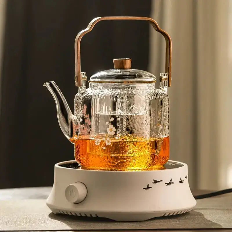 Hammered floral glass teapot – kitchen brewing pot with bronze handle