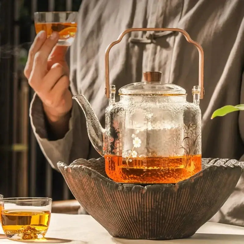 Hammered floral glass teapot – kitchen brewing pot with bronze handle