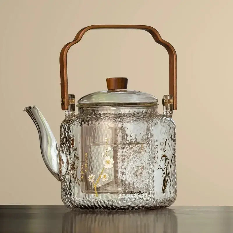Hammered floral glass teapot – kitchen brewing pot with bronze handle