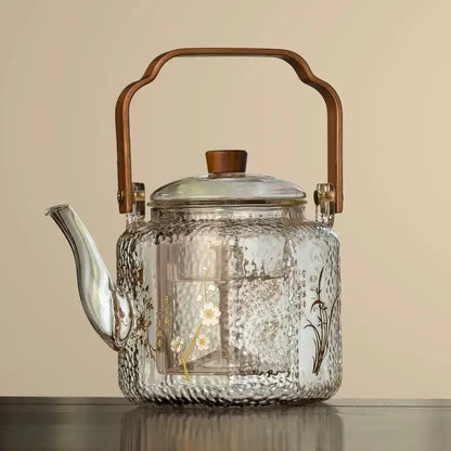 Hammered floral glass teapot – kitchen brewing pot with bronze handle