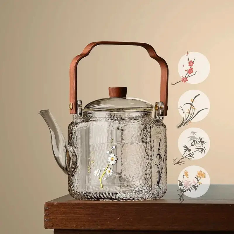 Hammered floral glass teapot – kitchen brewing pot with bronze handle