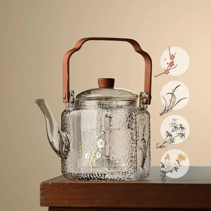 Hammered floral glass teapot – kitchen brewing pot with bronze handle
