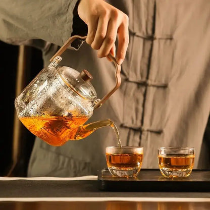 Hammered floral glass teapot – kitchen brewing pot with bronze handle