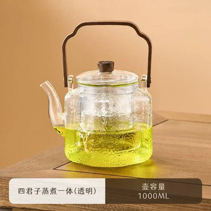 Hammered floral glass teapot – kitchen brewing pot with bronze handle