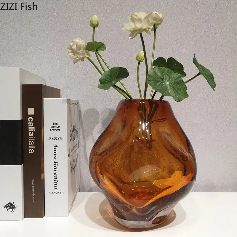 Hand blown amber glass vase with artificial flower bedroom decor