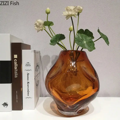 Hand blown amber glass vase with artificial flower bedroom decor
