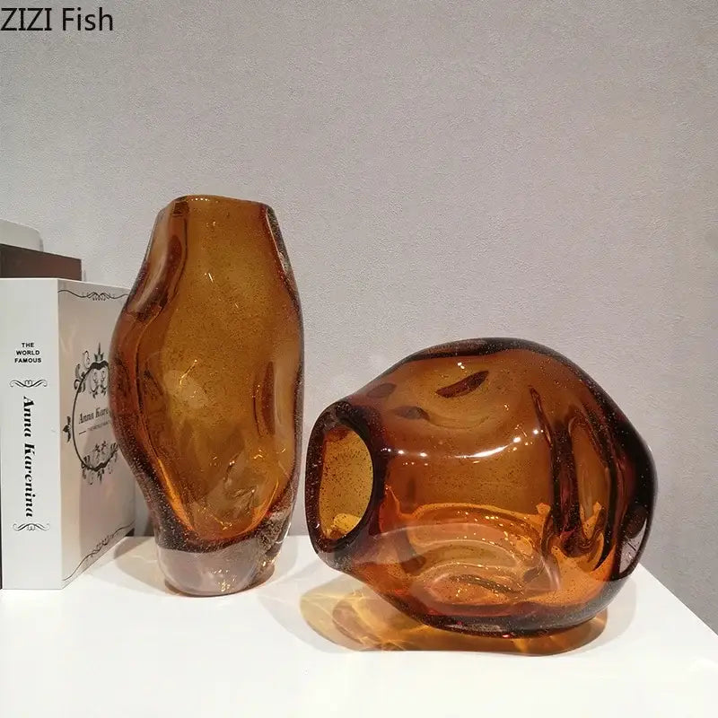 Hand blown amber glass vase with artificial flower bedroom decor