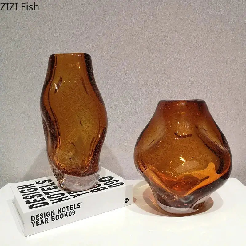 Hand blown amber glass vase with artificial flower bedroom decor