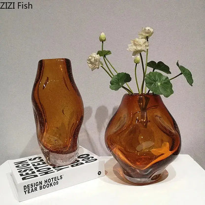 Hand blown amber glass vase with artificial flower bedroom decor