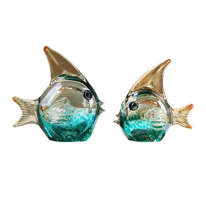 Hand blown glass fish figurine set turquoise & clear living room decor