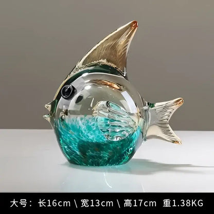 Hand blown glass fish figurine set turquoise & clear living room decor