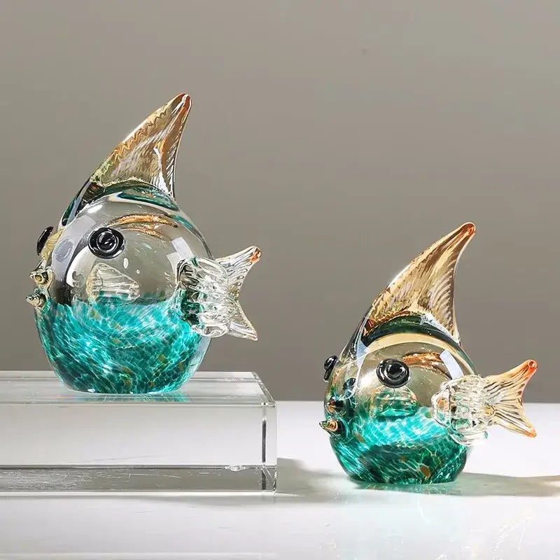 Hand blown glass fish figurine set turquoise & clear living room decor