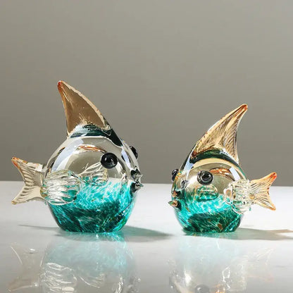 Hand blown glass fish figurine set turquoise & clear living room decor