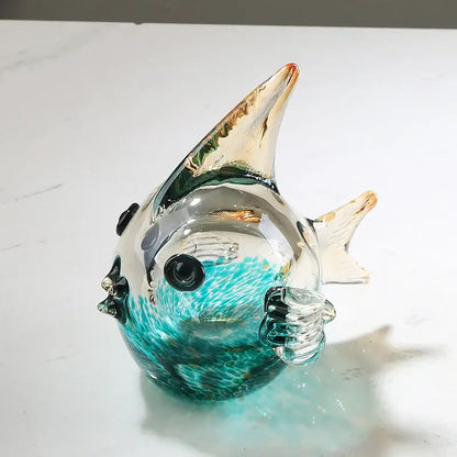 Hand blown glass fish figurine set turquoise & clear living room decor