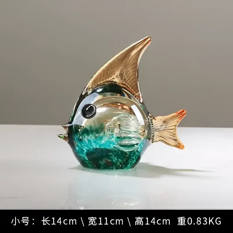 Hand blown glass fish figurine set turquoise & clear living room decor