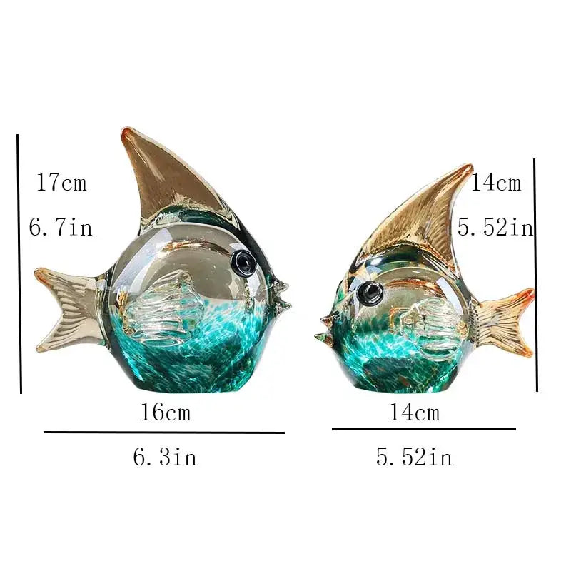 Hand blown glass fish figurine set turquoise & clear living room decor