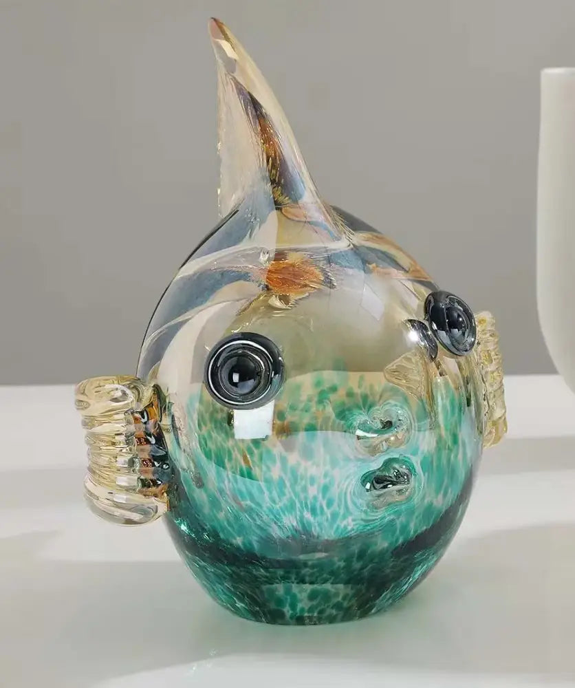 Hand blown glass fish figurine set turquoise & clear living room decor