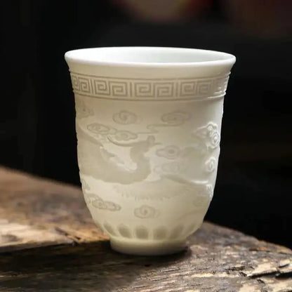 Hand carved translucent white jade tea cup set dining room ceramic