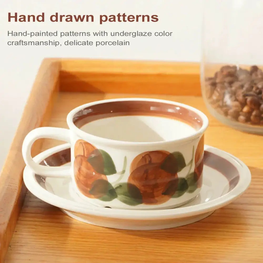 Hand-drawn leaf ceramic espresso cup and saucer dining room set
