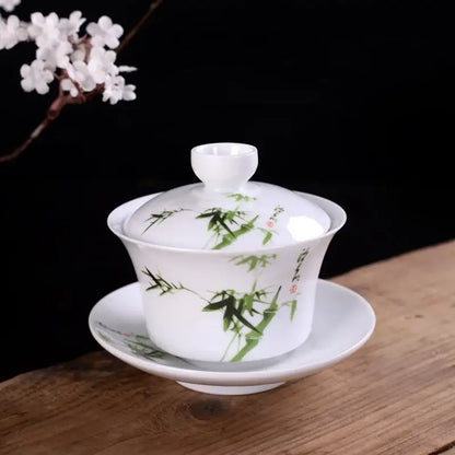 Hand painted bird and bamboo white porcelain gaiwan dining room tea set