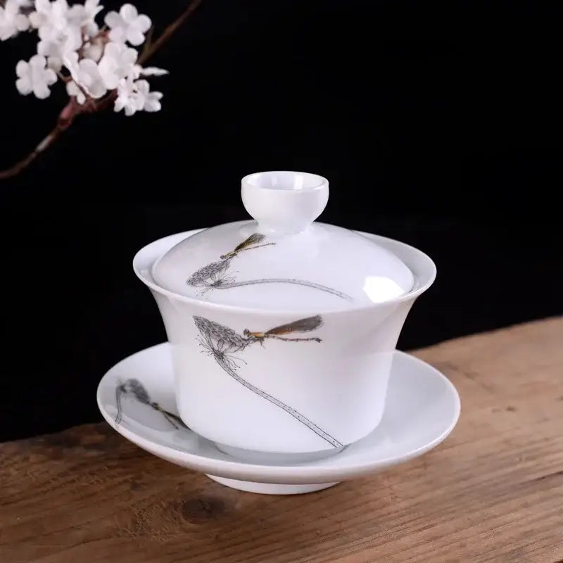 Hand painted bird and bamboo white porcelain gaiwan dining room tea set