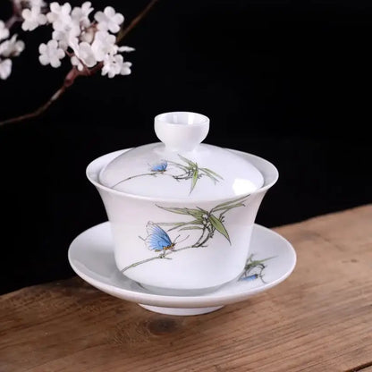 Hand painted bird and bamboo white porcelain gaiwan dining room tea set