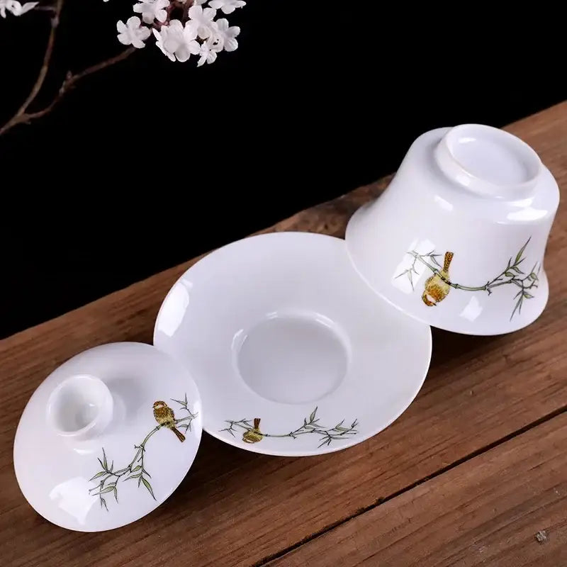 Hand painted bird and bamboo white porcelain gaiwan dining room tea set