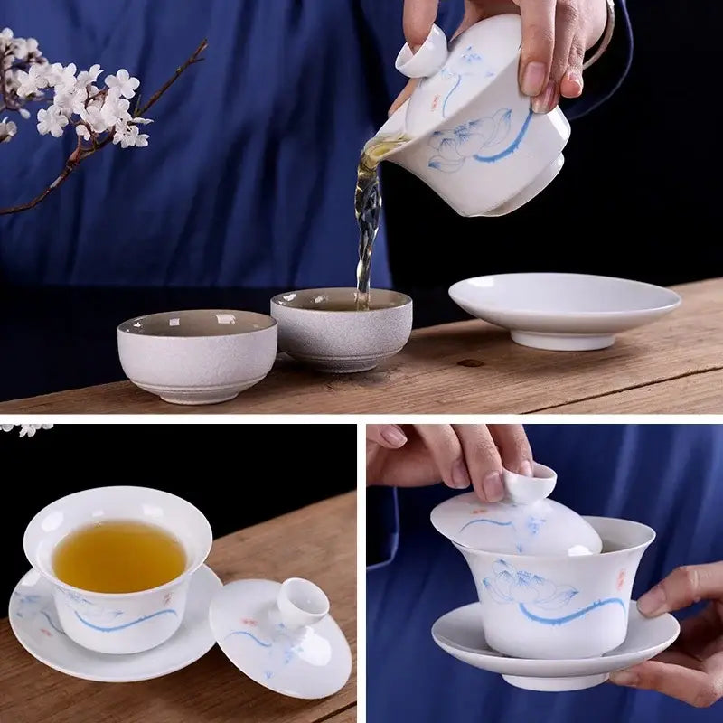 Hand painted bird and bamboo white porcelain gaiwan dining room tea set