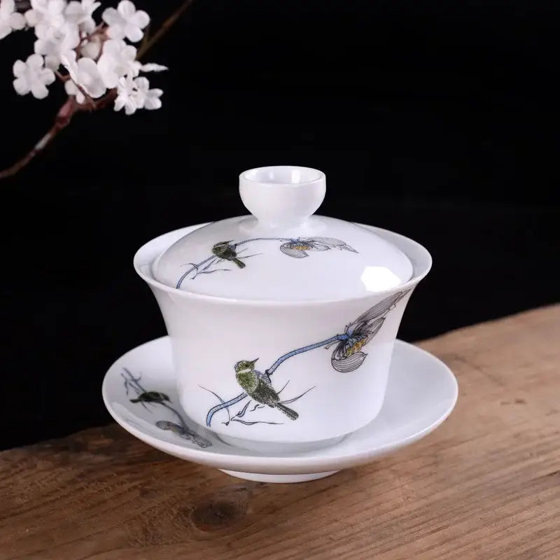 Hand painted bird and bamboo white porcelain gaiwan dining room tea set