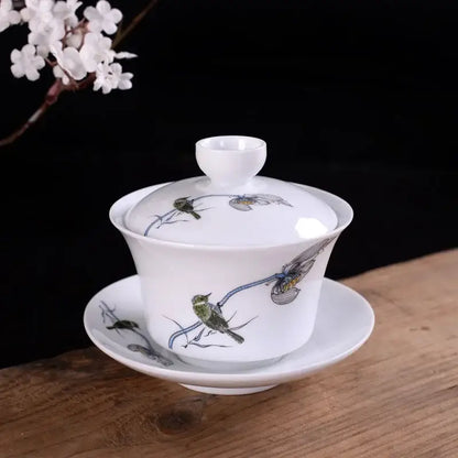 Hand painted bird and bamboo white porcelain gaiwan dining room tea set